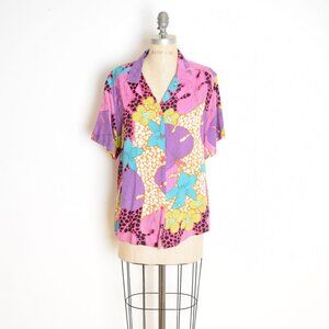 vintage 80s Hawaiian shirt womens tropical aloha print rayon blouse top L XL